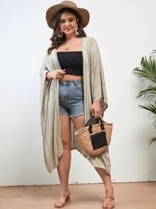 SHEIN VCAY Plus Batwing Sleeve Asymmetrical Hem Open Front Kimono - Khaki - View 3
