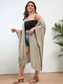 SHEIN VCAY Plus Batwing Sleeve Asymmetrical Hem Open Front Kimono - Khaki - View 5