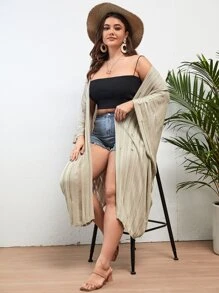 SHEIN VCAY Plus Batwing Sleeve Asymmetrical Hem Open Front Kimono - Khaki - View 6