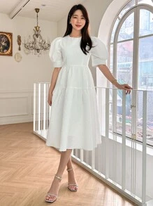 DAZY Puff Sleeve Flare Hem Dress Sundress,Casual Women Dresses - White - View 3
