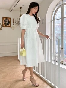 DAZY Puff Sleeve Flare Hem Dress Sundress,Casual Women Dresses - White - View 6