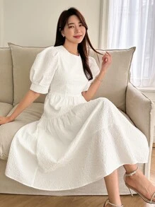 DAZY Puff Sleeve Flare Hem Dress Sundress,Casual Women Dresses - White - View 5