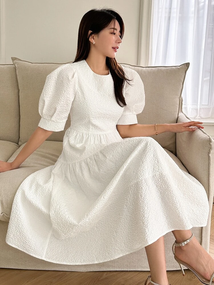 Puff Sleeve Flare Hem Dress Sundress,Casual Women Dresses