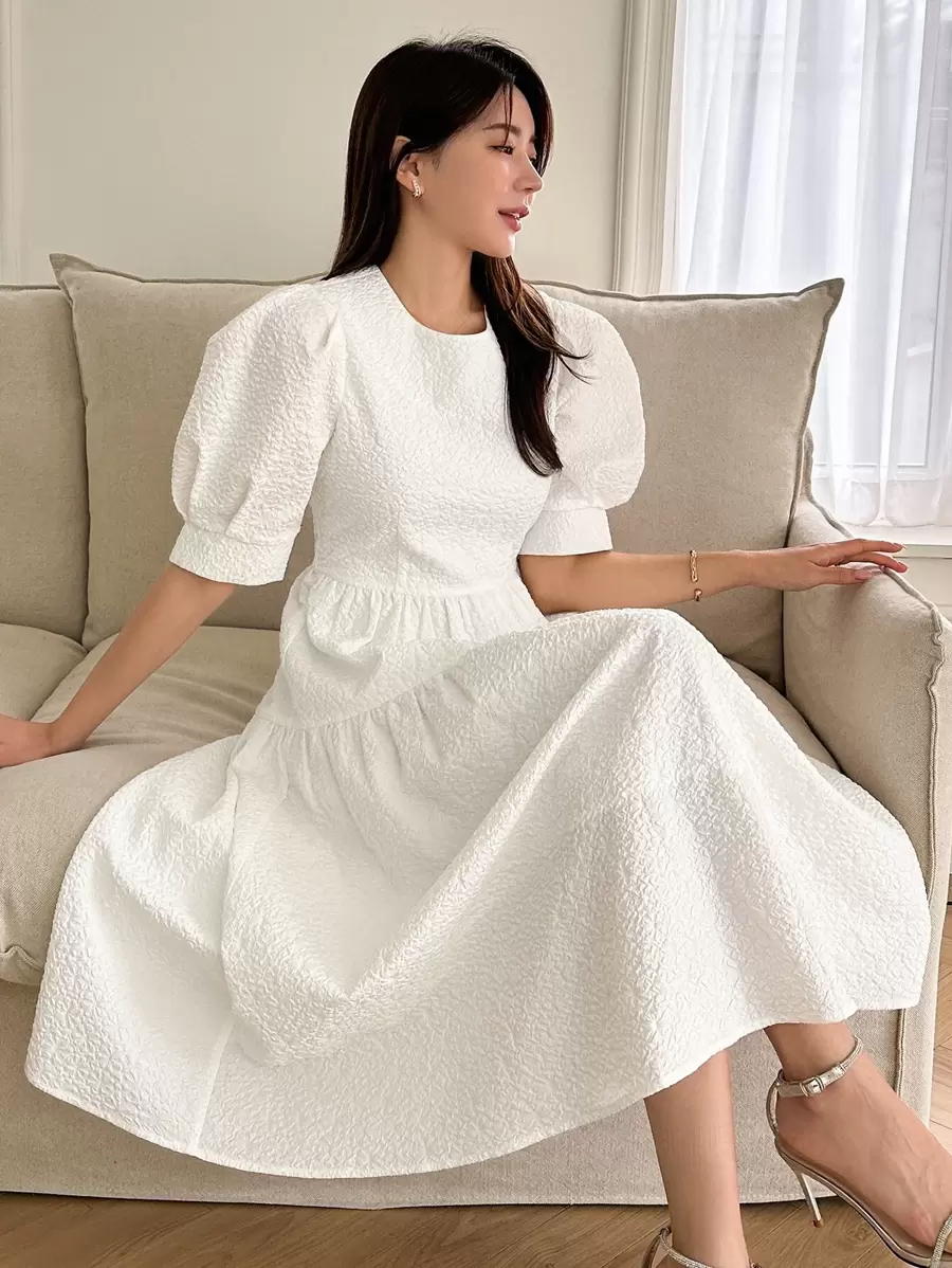 DAZY Puff Sleeve Flare Hem Dress Sundress,Casual Women Dresses - White - View 1