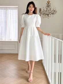 DAZY Puff Sleeve Flare Hem Dress Sundress,Casual Women Dresses - White - View 7