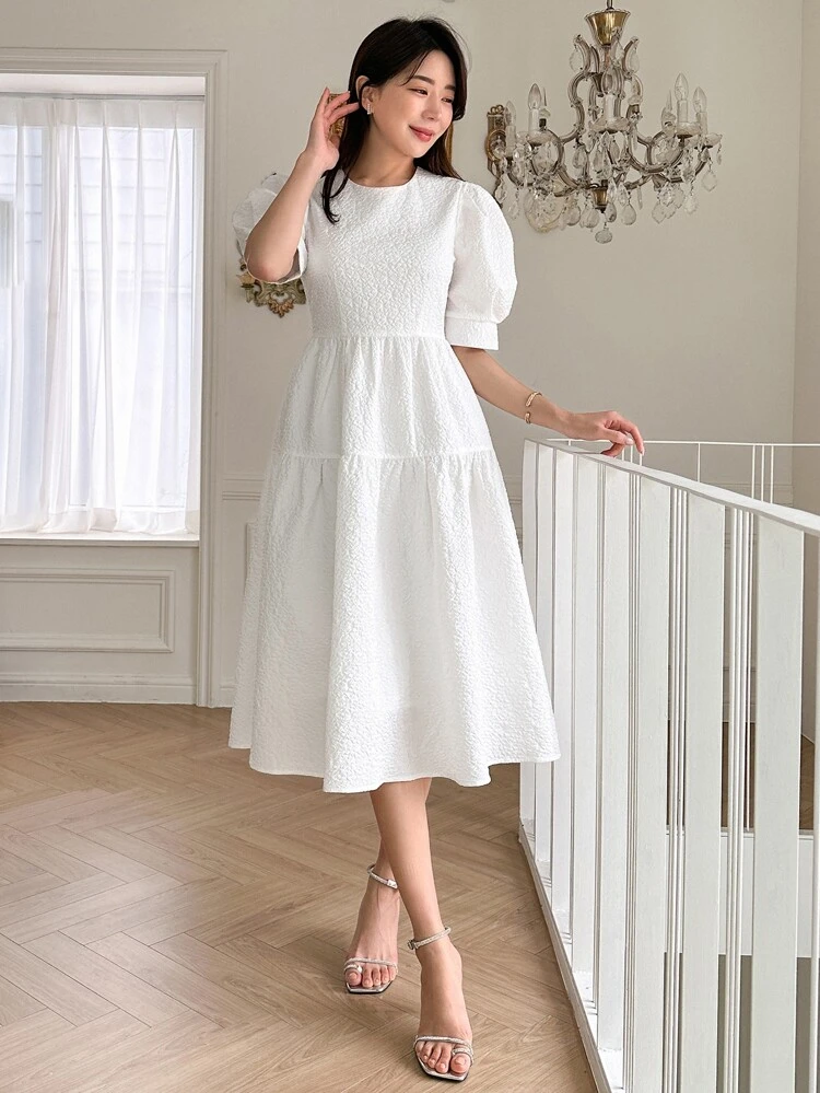 Puff Sleeve Flare Hem Dress Sundress,Casual Women Dresses