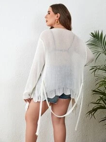 SHEIN VCAY Plus Scallop Hem Belted Kimono - White - View 2