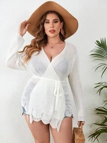 SHEIN VCAY Plus Scallop Hem Belted Kimono - White - View 5
