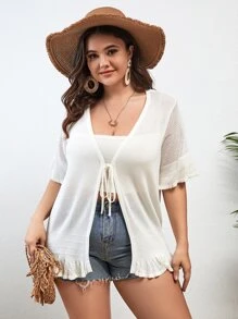 SHEIN VCAY Cárdigan con cordón delantero ribete con fruncido de manga con volante - Beis - Ver 1