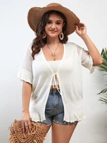 SHEIN VCAY Cárdigan con cordón delantero ribete con fruncido de manga con volante - Beis - Ver 5