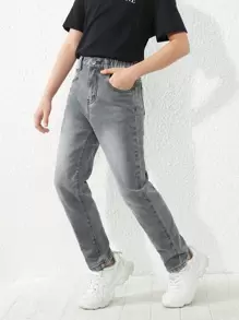 SHEIN Tween Boy Slant Pocket Straight Leg Jeans - Grey - View 4