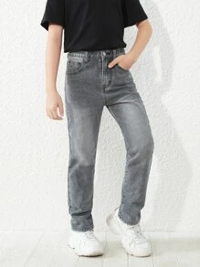 SHEIN Tween Boy Slant Pocket Straight Leg Jeans - Grey - View 5