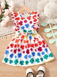 Toddler Girls Colourful Clover Print Ruffle Trim Belted Dress - Multicolor - View 1