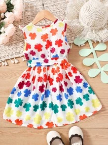 Toddler Girls Colourful Clover Print Ruffle Trim Belted Dress - Multicolor - View 2