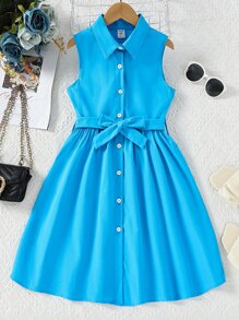 Girls Button Front Belted Shirt Dress - Blue - View 1