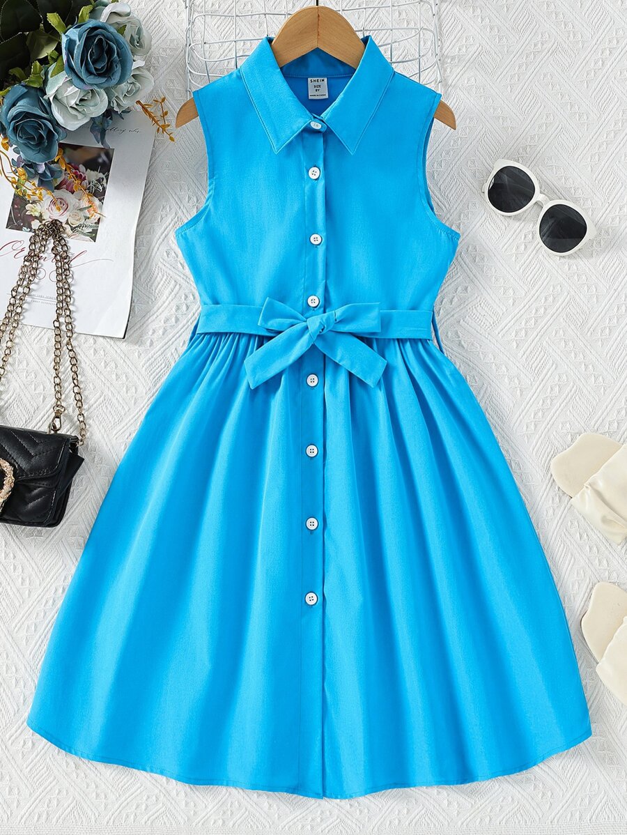 Girls Button Front Belted Shirt Dress - Blue - View 1