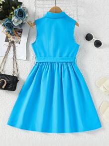 Girls Button Front Belted Shirt Dress - Blue - View 2