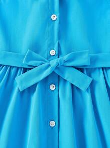 Girls Button Front Belted Shirt Dress - Blue - View 3