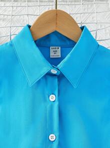 Girls Button Front Belted Shirt Dress - Blue - View 4