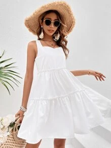 SHEIN VCAY Solid Ruffle Hem Cami Dress - White - View 3
