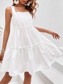 SHEIN VCAY Solid Ruffle Hem Cami Dress - White - View 4