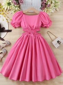 SHEIN 青少年女孩泡泡袖腰部鏤空方領洋裝 - 玫紅色 - 查看 1