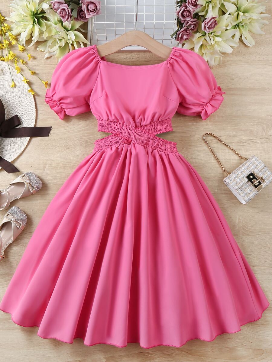 SHEIN 青少年女孩泡泡袖腰部鏤空方領洋裝 - 玫紅色 - 查看 1