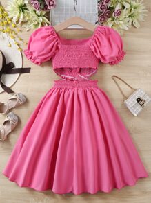 SHEIN 青少年女孩泡泡袖腰部鏤空方領洋裝 - 玫紅色 - 查看 2