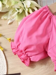 SHEIN 青少年女孩泡泡袖腰部鏤空方領洋裝 - 玫紅色 - 查看 3