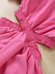 SHEIN 青少年女孩泡泡袖腰部鏤空方領洋裝 - 玫紅色 - 查看 7