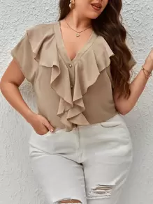 SHEIN Privé Blusa ribete con fruncido con botón delantero - Caqui - Ver 1