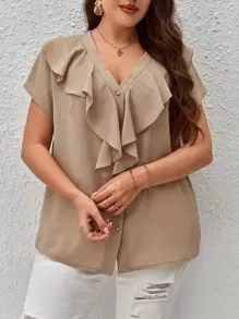 SHEIN Privé Blusa ribete con fruncido con botón delantero - Caqui - Ver 3