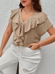 SHEIN Privé Blusa ribete con fruncido con botón delantero - Caqui - Ver 5