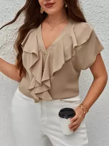 SHEIN Privé Blusa ribete con fruncido con botón delantero - Caqui - Ver 6