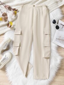 SHEIN Girls Flap Pocket Side Cargo Trousers - Apricot - View 1