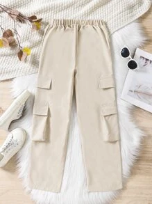 SHEIN Girls Flap Pocket Side Cargo Trousers - Apricot - View 2