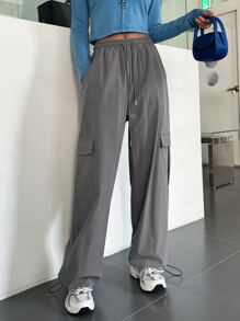 DAZY Flap Pocket Drawstring Waist Cargo Pants - Grey - View 1