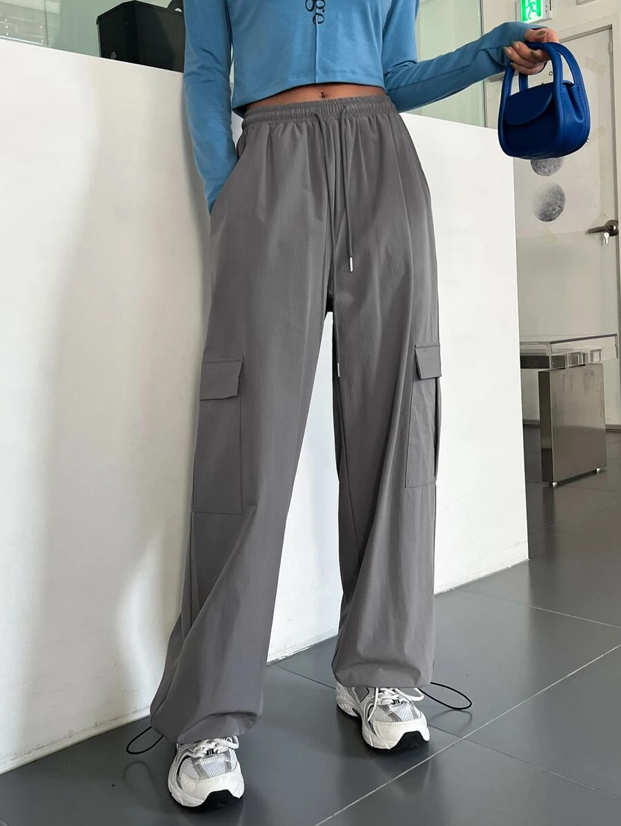 DAZY Flap Pocket Drawstring Waist Cargo Pants - Grey - View 1