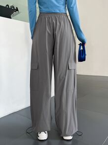 DAZY Flap Pocket Drawstring Waist Cargo Pants - Grey - View 2