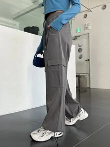 DAZY Flap Pocket Drawstring Waist Cargo Pants - Grey - View 3