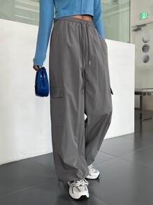 DAZY Flap Pocket Drawstring Waist Cargo Pants - Grey - View 4