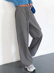 DAZY Flap Pocket Drawstring Waist Cargo Pants - Grey - View 5