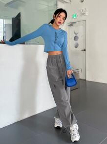 DAZY Flap Pocket Drawstring Waist Cargo Pants - Grey - View 6