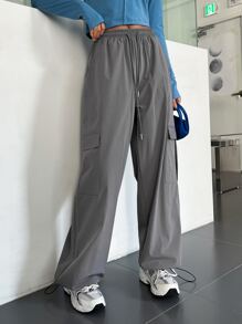 DAZY Flap Pocket Drawstring Waist Cargo Pants - Grey - View 7