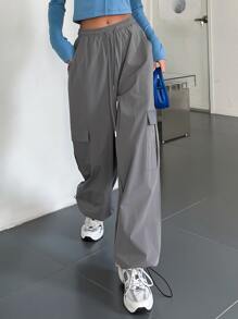 DAZY Flap Pocket Drawstring Waist Cargo Pants - Grey - View 8