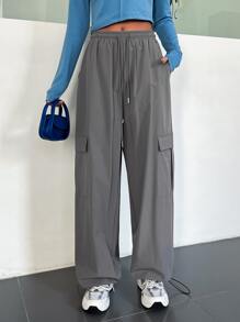 DAZY Flap Pocket Drawstring Waist Cargo Pants - Grey - View 9