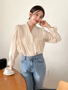 DAZY Frill Trim Flounce Sleeve Blouse - Apricot - View 8