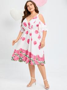 SHEIN Holidaya Vestido con estampado floral de hombros descubiertos ribete con fruncido - Blanco - Ver 1