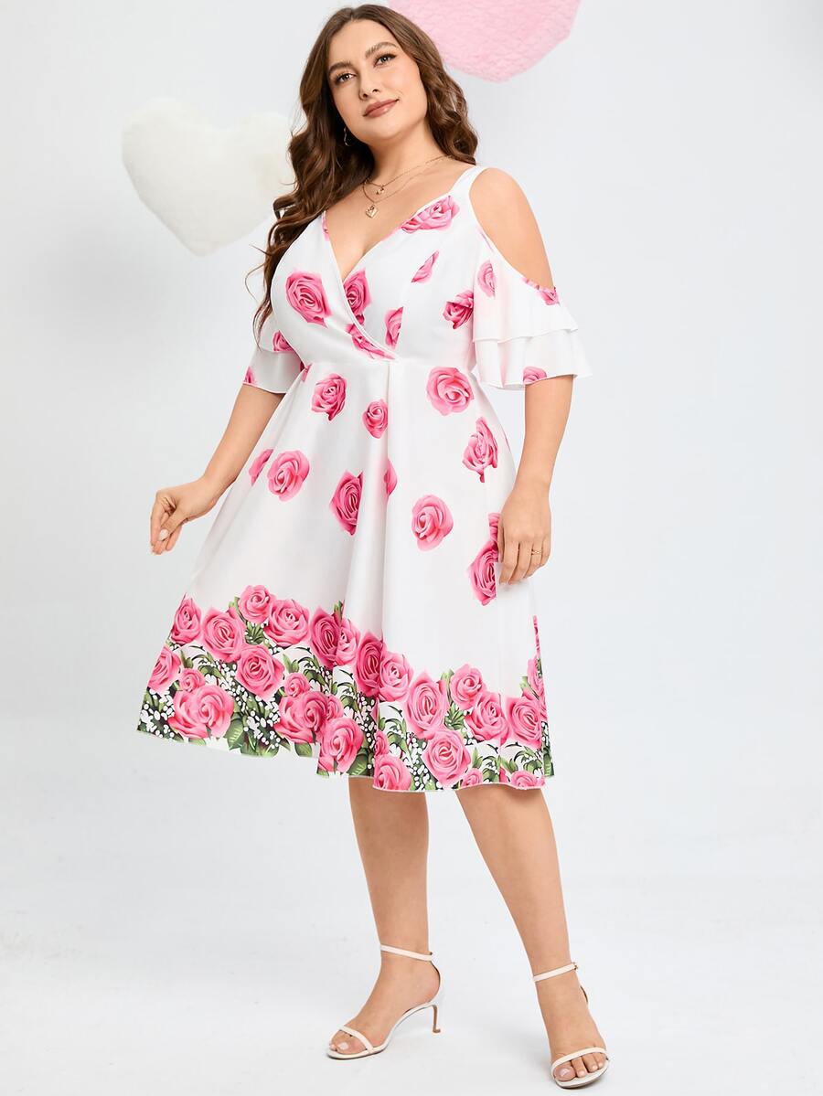 SHEIN Holidaya Vestido con estampado floral de hombros descubiertos ribete con fruncido - Blanco - Ver 1