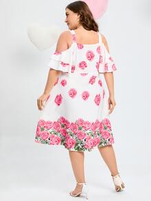 SHEIN Holidaya Vestido con estampado floral de hombros descubiertos ribete con fruncido - Blanco - Ver 2